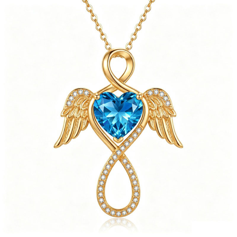 14K Gold Plated 12-Month Birthstone Infinity Angel Wings Pendant Necklace for Women