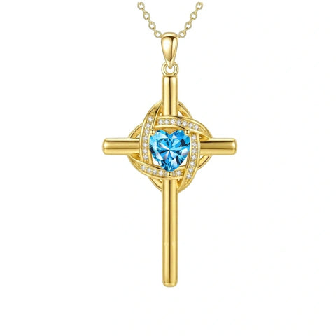 10K 14K 18K Gold Birthstone Cross Pendant Necklace Christian Jewelry
