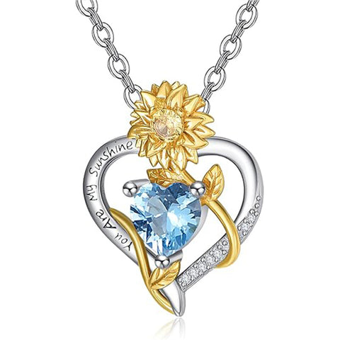 Sterling Sliver Birthstone Love Heart & Sunflower Pendant Necklace Engraved With You Are My Sunshine