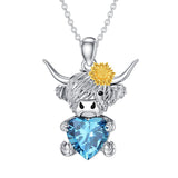 Sterling Silver Heart Birthstone Highland Cow Pendant Necklace