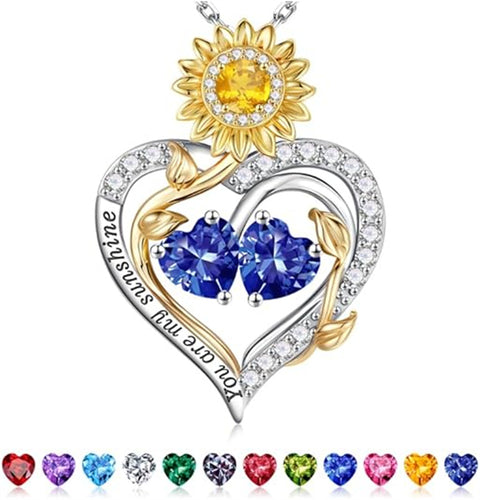Sterling Silver Double Heart Birthstone Sunflower Necklace Engraved with You Are My Sunshine