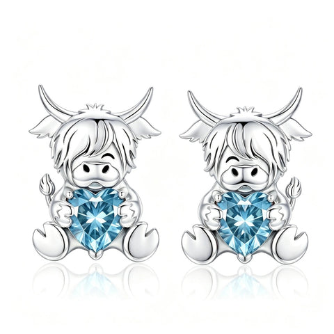 Sterling Silver 12 Month Birthstone Highland Cow Stud Earrings Christmas Gift