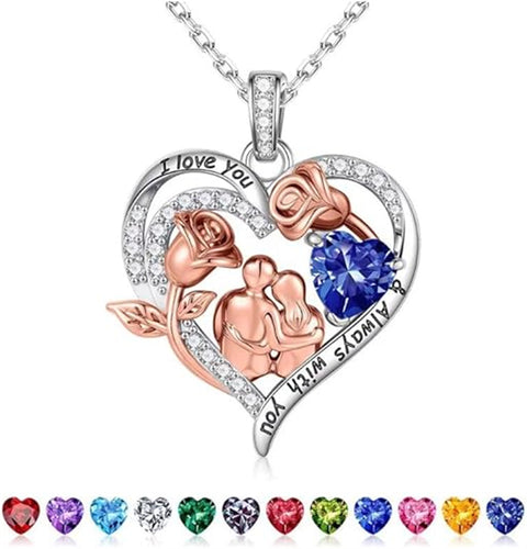 Sterling Silver Heart Birthstone Couple Hugging Necklace for Women Valentine's Day Gift