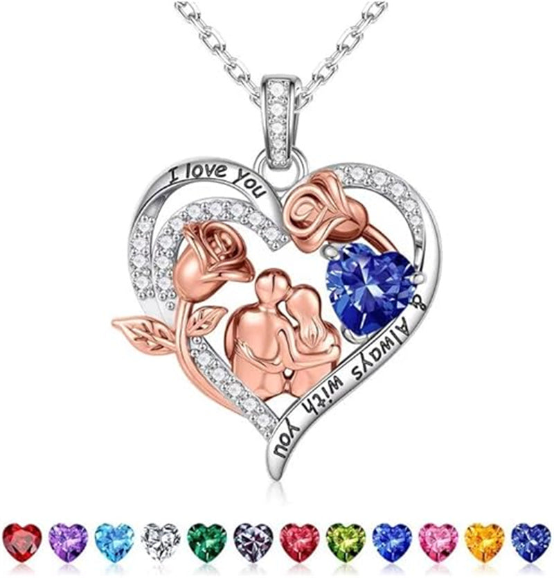 Sterling Silver Heart Birthstone Couple Hugging Necklace for Women Valentine's Day Gift