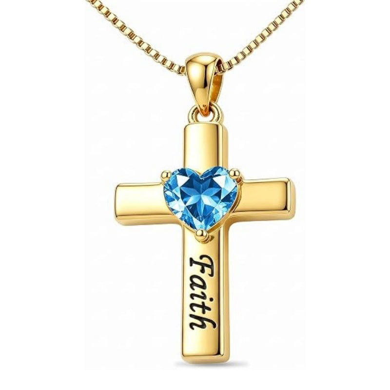 14K Gold Plated Heart Birthstone Cross Necklace for Women Engraved with Faith