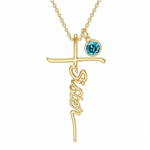 14K Gold Plated Birthstone Sister Cross  Pendant Necklace