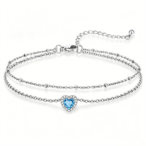Sterling Silver Birthstone Double Layer Anklet for Beach Weddings, Summer Vacations & Pool Parties