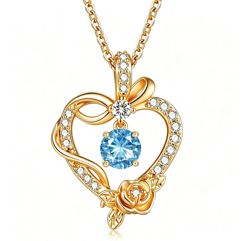 14K Gold Plated Round Birthstone Rose Flower Pendant Necklace for Women