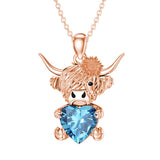 Sterling Silver Heart Birthstone Highland Cow Pendant Necklace