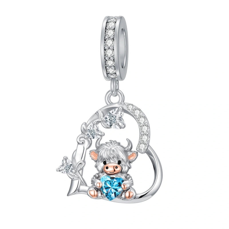 Sterling Silver 12 Month Birthstone Highland Cow Charm Beads