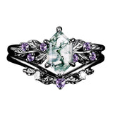 Sterling Silver Hexagon Gemstone Vintage Leaf Engagement Wedding Anniversary Ring Set