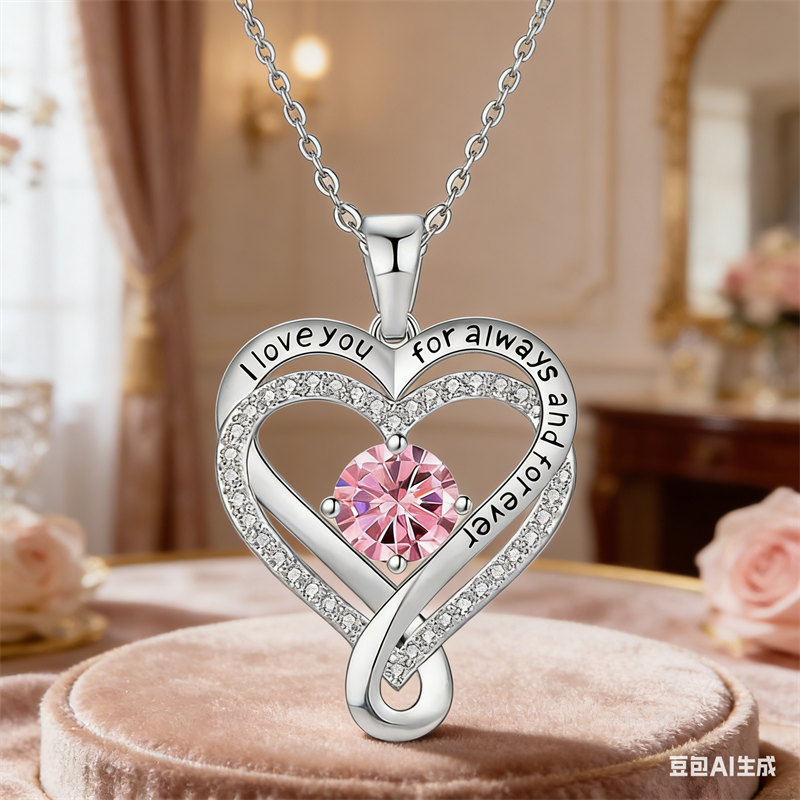 Sterling Silver 12 Month Birthstone Double Heart Pendant Necklace  Engraved with I Love You for Always and Forever