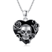 Sterling Silver Heart Crystal Shaped Rose & SkullPendant Necklace