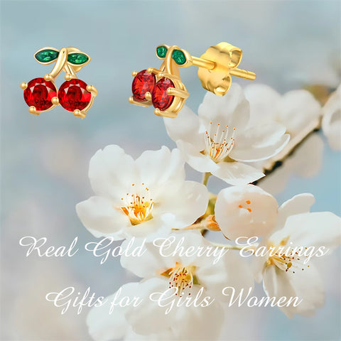 14K Gold Created Garnet Cherry Stud Earrings