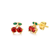 14K Gold Cherry Stud Earrings with Created Garnet for Women Girls Cute Jewelry Gifts