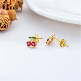 14K Gold Cherry Stud Earrings with Created Garnet for Women Girls Cute Jewelry Gifts