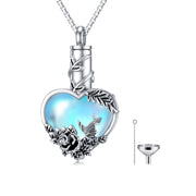 Sterling Silver Heart Shaped Moonstone Rose & Heart Urn Necklace for Ashes