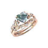 Sterling Silver Heart Moss Agate Set Engagement Wedding Ring