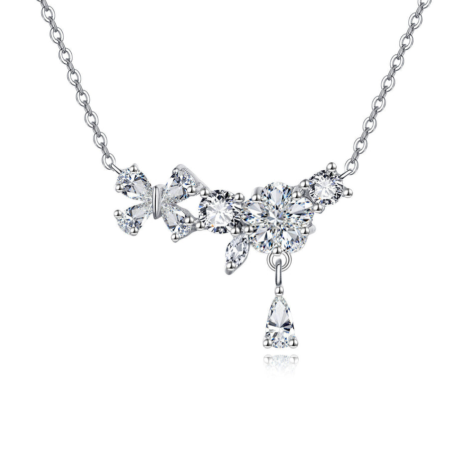 925 Sterling Silver Elegant Floral Zircon Necklace With Delicate Chain And Teardrop Pendant