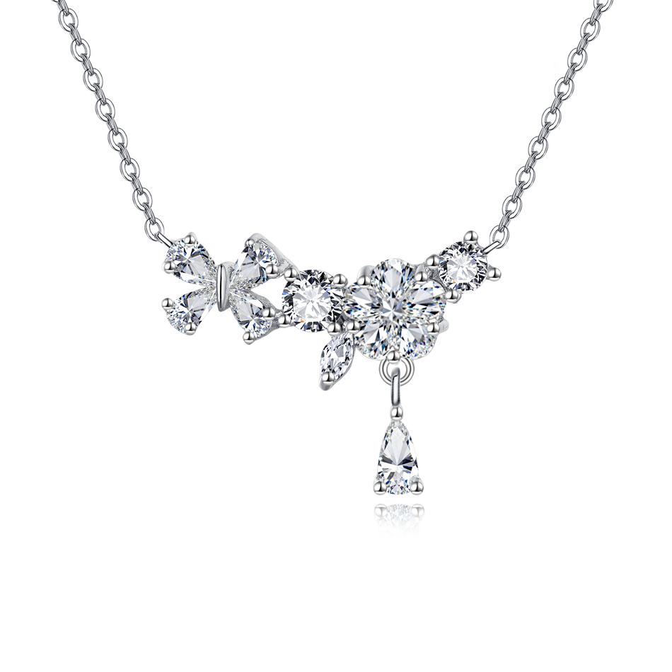 925 Sterling Silver Elegant Floral Zircon Necklace With Delicate Chain And Teardrop Pendant