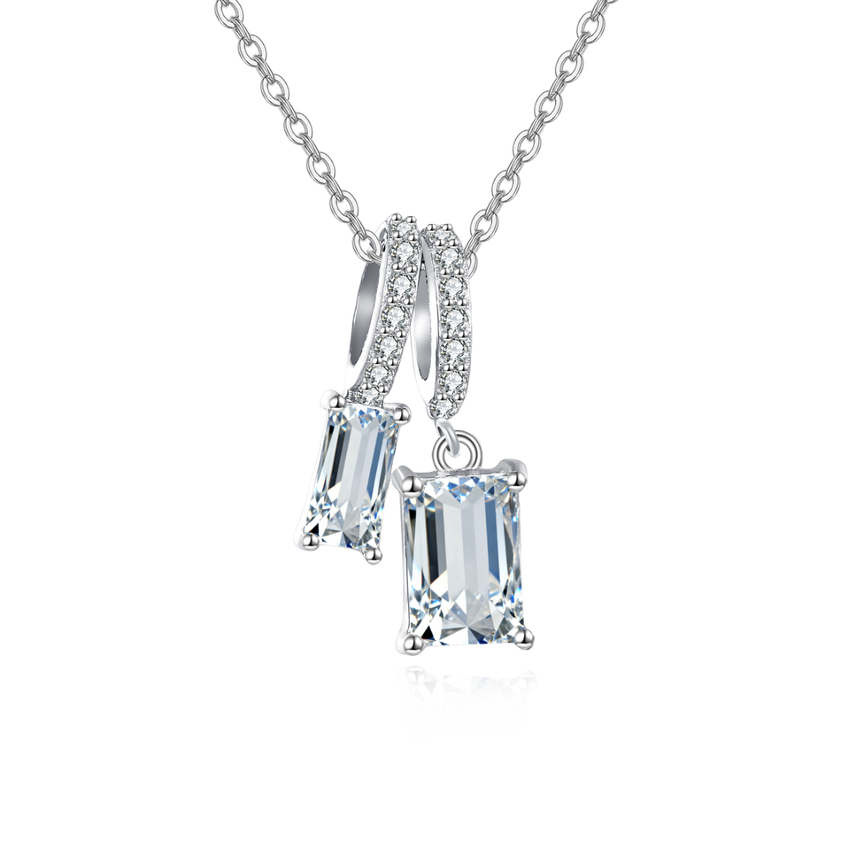 925 Sterling Silver Elegant Zircon Double Drop Pendant Necklace