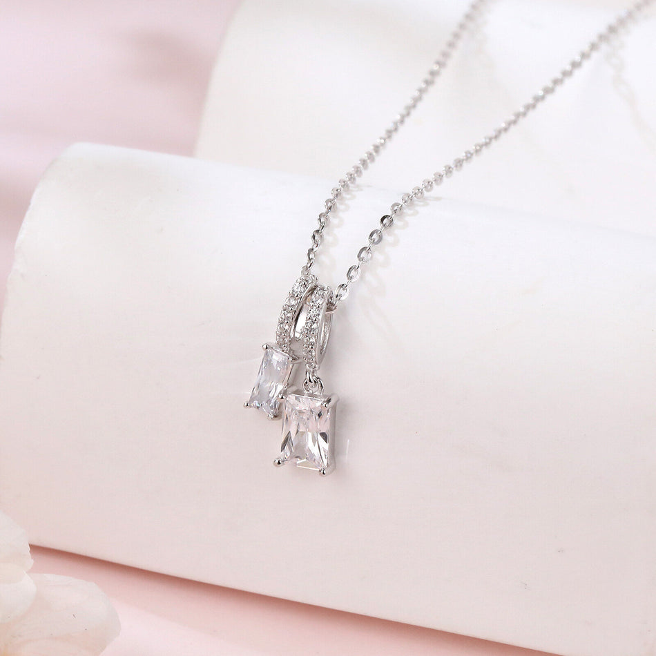 925 Sterling Silver Elegant Zircon Double Drop Pendant Necklace