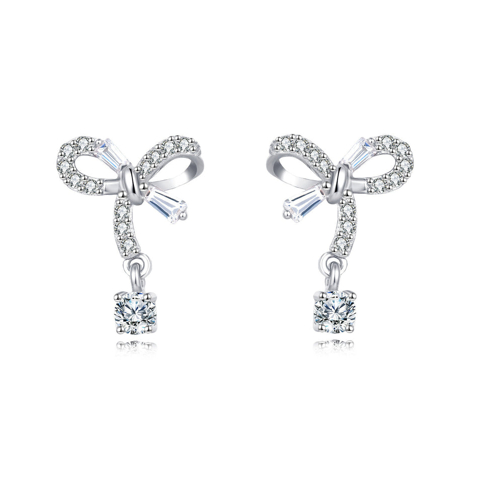 925 Sterling Silver Elegant Silver Bow Zircon Drop Earrings
