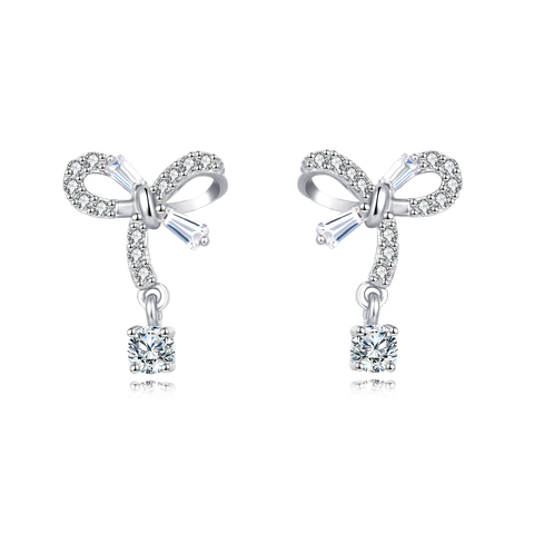925 Sterling Silver Elegant Silver Bow Zircon Drop Earrings
