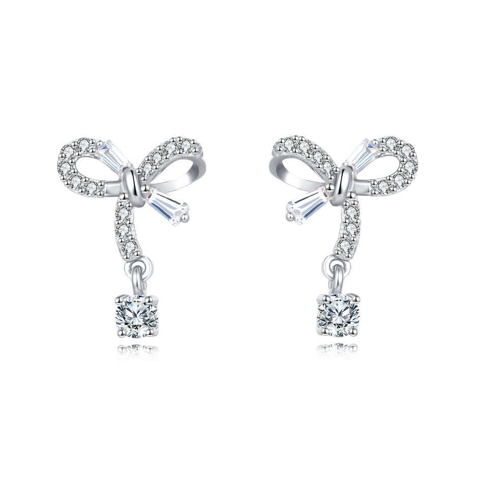 925 Sterling Silver Elegant Silver Bow Zircon Drop Earrings