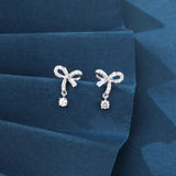 925 Sterling Silver Elegant Silver Bow Zircon Drop Earrings