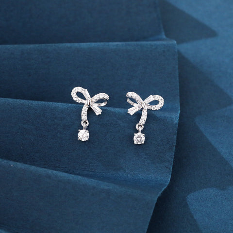 925 Sterling Silver Elegant Silver Bow Zircon Drop Earrings