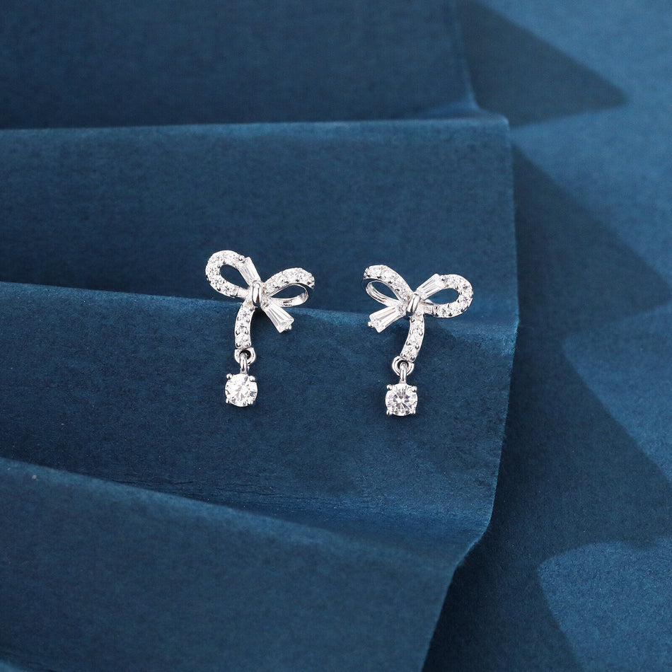 925 Sterling Silver Elegant Silver Bow Zircon Drop Earrings