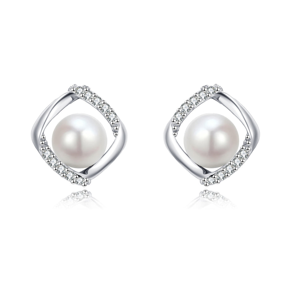 925 Sterling Silver Elegant Twisted Silver Pearl Earrings With Zircon-accented Studs