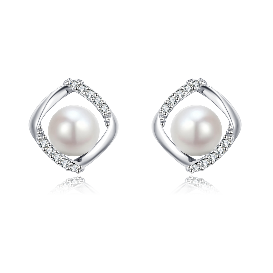 925 Sterling Silver Elegant Twisted Silver Pearl Earrings With Zircon-accented Studs