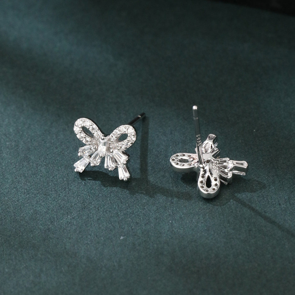 925 Sterling Silver Elegant Sparkling Zircon Bow Earrings