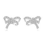 925 Sterling Silver Elegant Bow-shaped Silver Stud Earrings With Rhinestone Accents