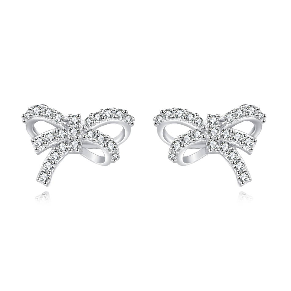 925 Sterling Silver Elegant Bow-shaped Silver Stud Earrings With Rhinestone Accents