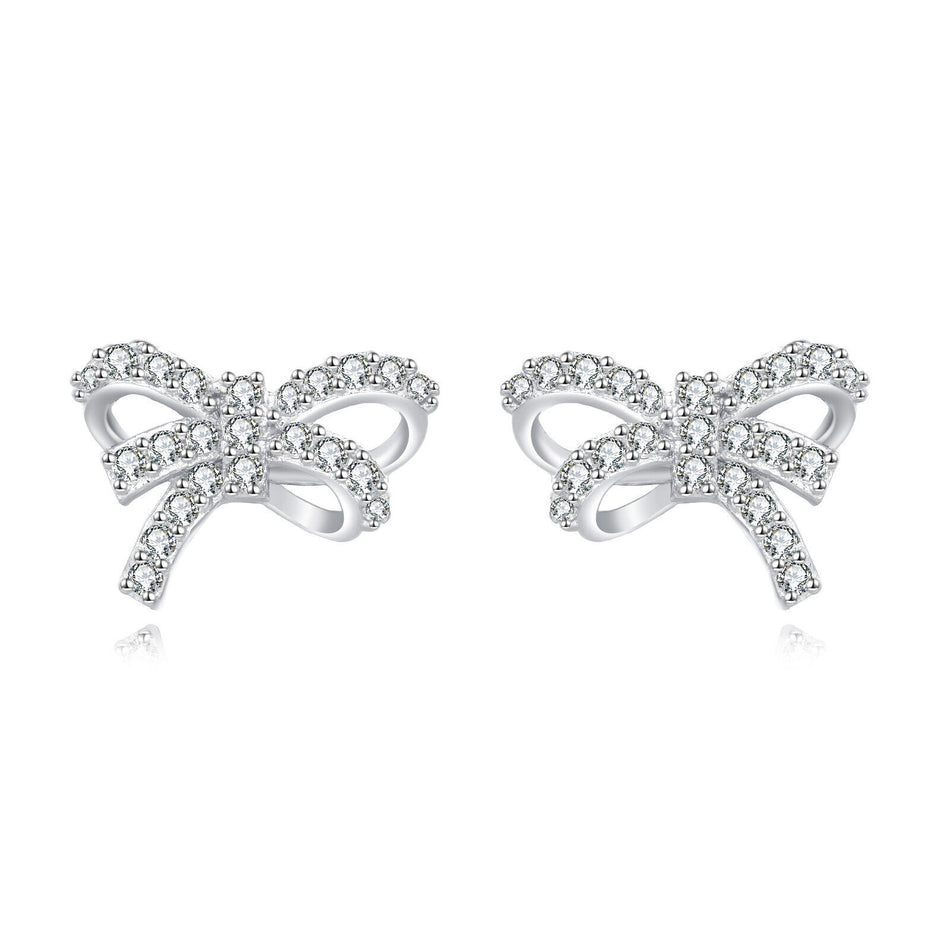 925 Sterling Silver Elegant Bow-shaped Silver Stud Earrings With Rhinestone Accents