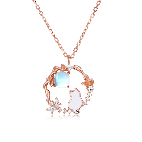 925 Sterling Silver Rose Gold Moonstone Necklace With Zircon-accented Cat Silhouette Pendant