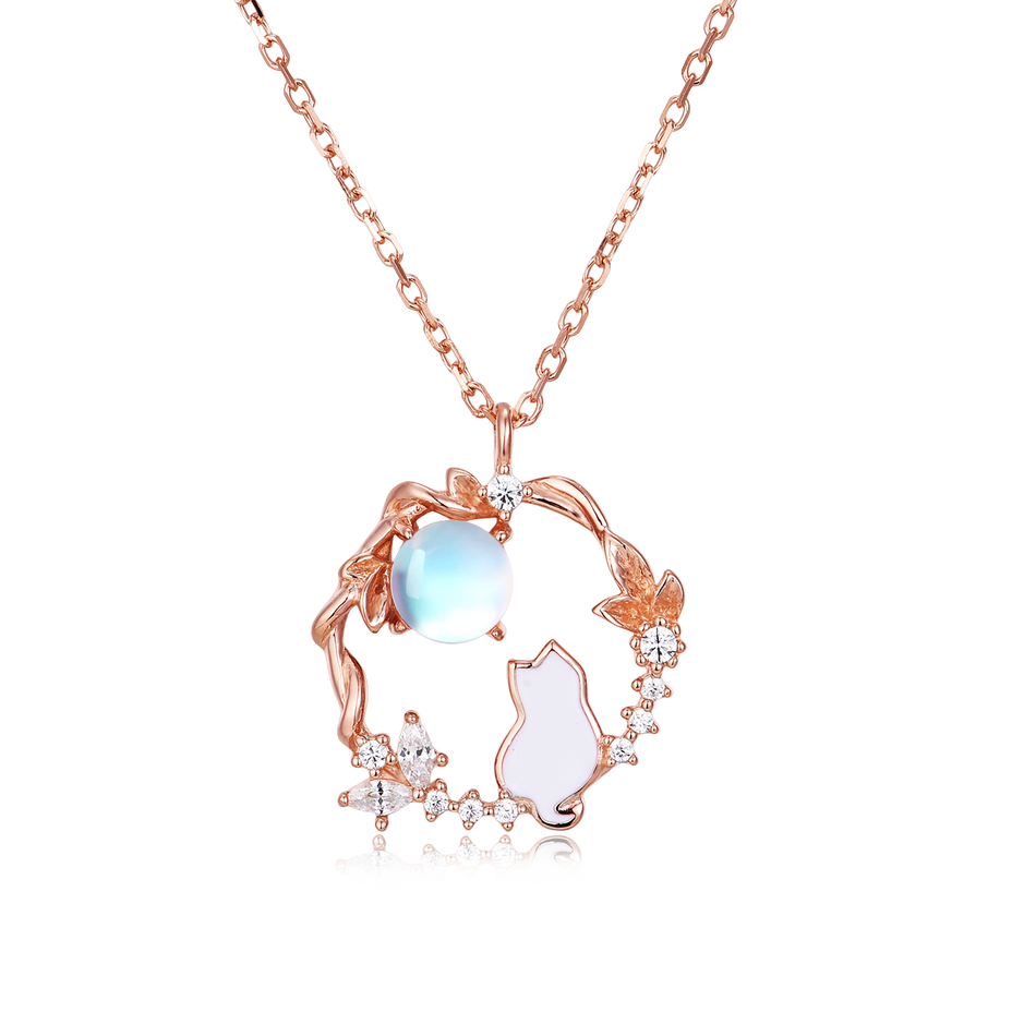 925 Sterling Silver Rose Gold Moonstone Necklace With Zircon-accented Cat Silhouette Pendant