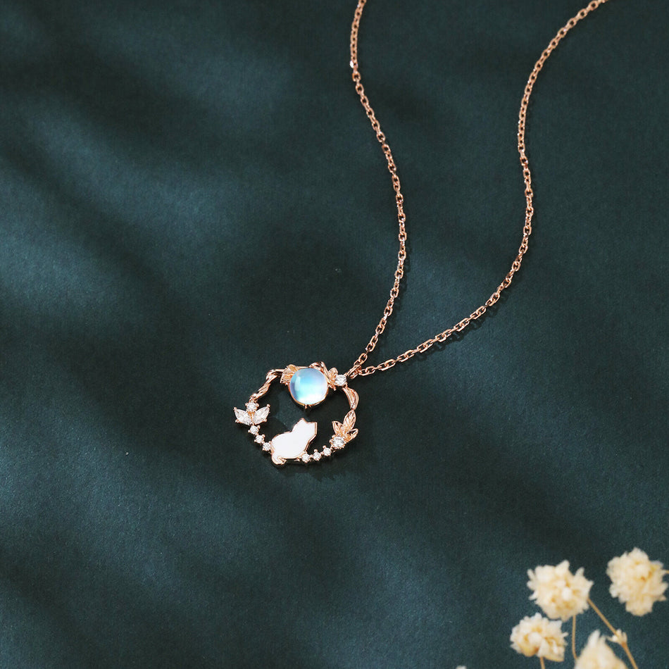 925 Sterling Silver Rose Gold Moonstone Necklace With Zircon-accented Cat Silhouette Pendant