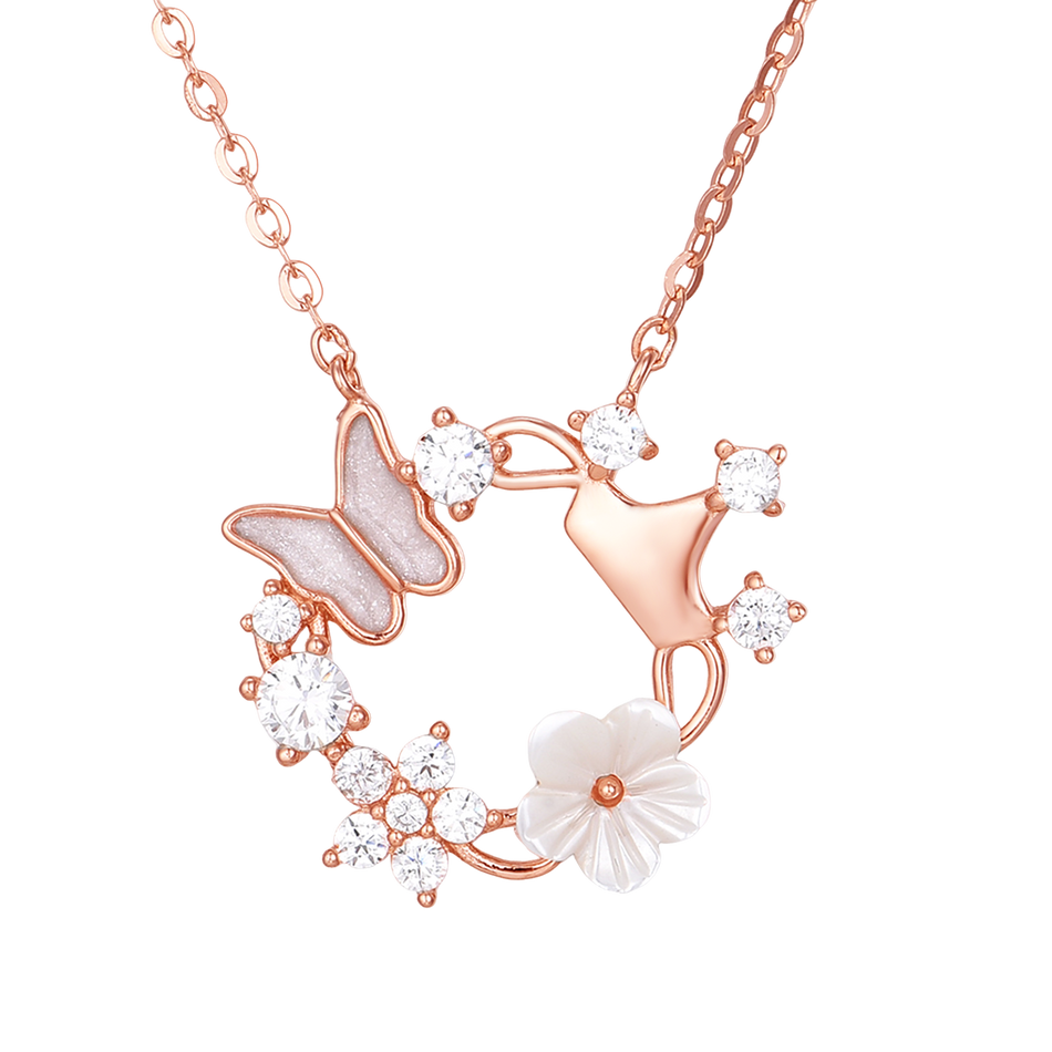 925 Sterling Silver Elegant Rose Gold Butterfly & Flower Necklace With Gemstone Accents