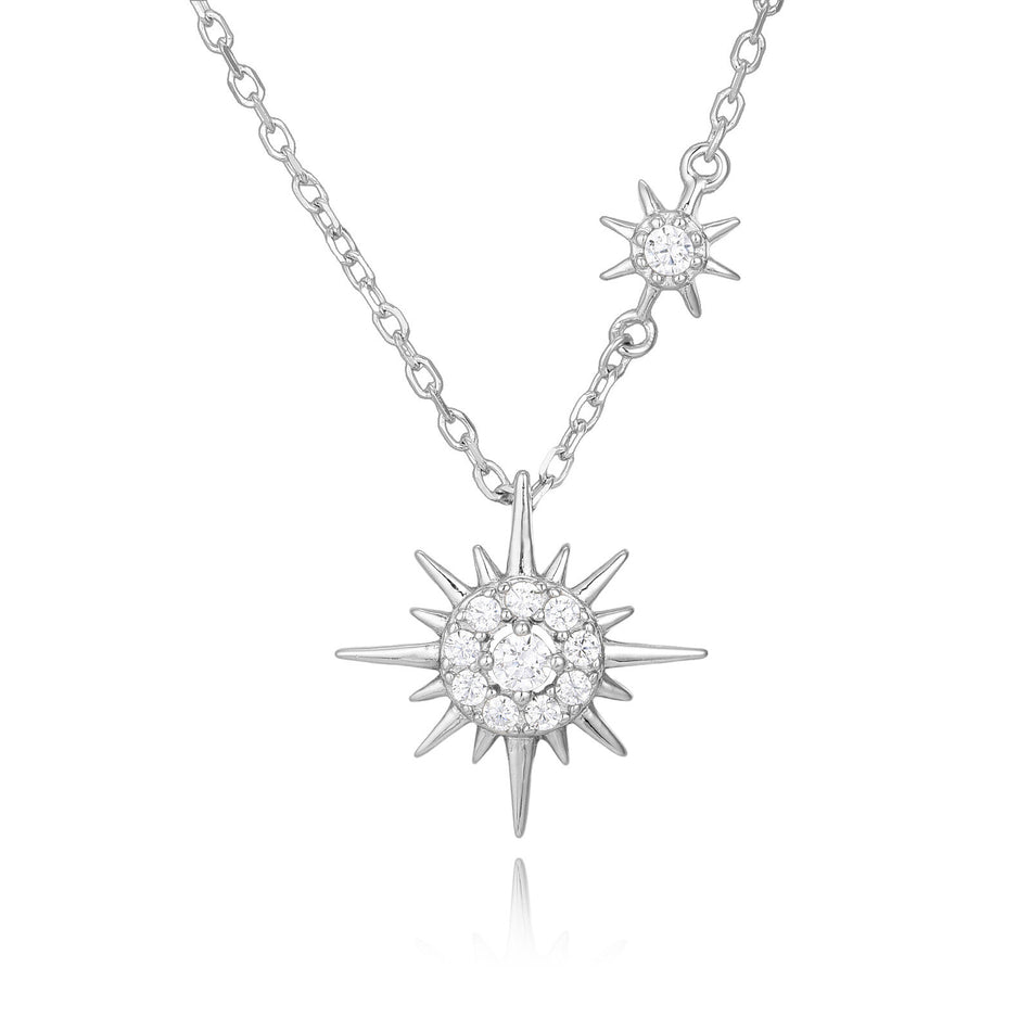925 Sterling Silver Elegant Silver Double Starburst Necklace With Crystal-emblazoned Pendants