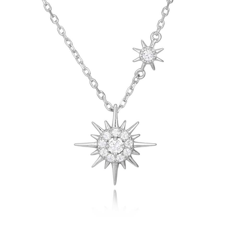 925 Sterling Silver Elegant Silver Double Starburst Necklace With Crystal-emblazoned Pendants