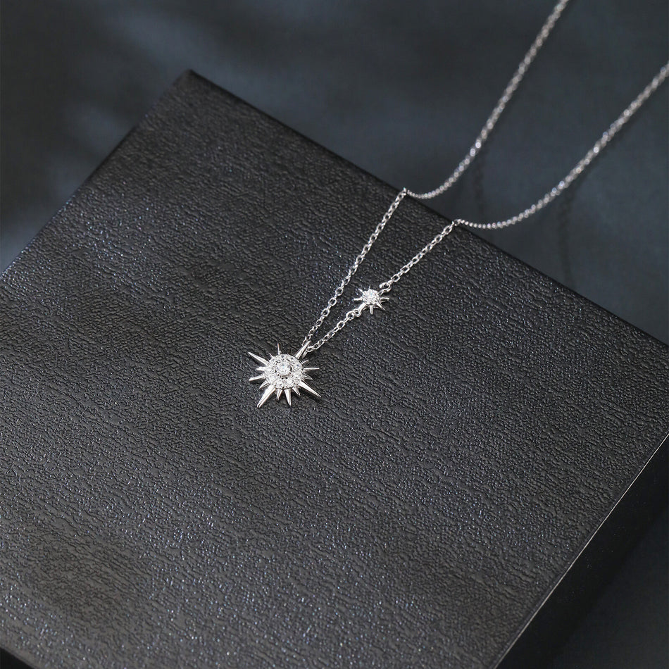 925 Sterling Silver Elegant Silver Double Starburst Necklace With Crystal-emblazoned Pendants