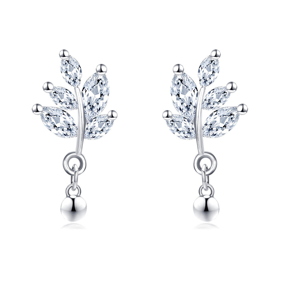 925 Sterling Silver Elegant Silver Crystal Leaf Earrings With Dangling Balls