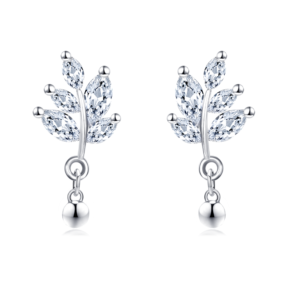 925 Sterling Silver Elegant Silver Crystal Leaf Earrings With Dangling Balls