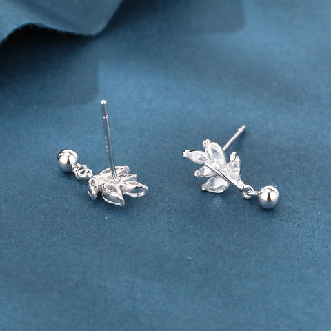 925 Sterling Silver Elegant Silver Crystal Leaf Earrings With Dangling Balls