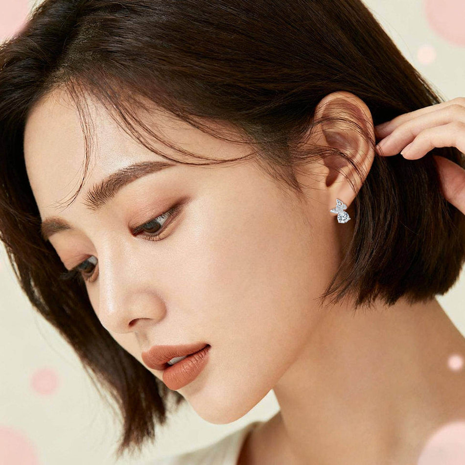 925 Sterling Silver Elegant Moissanite Stud Earrings With Silver Butterfly Design And Sparkling Accents