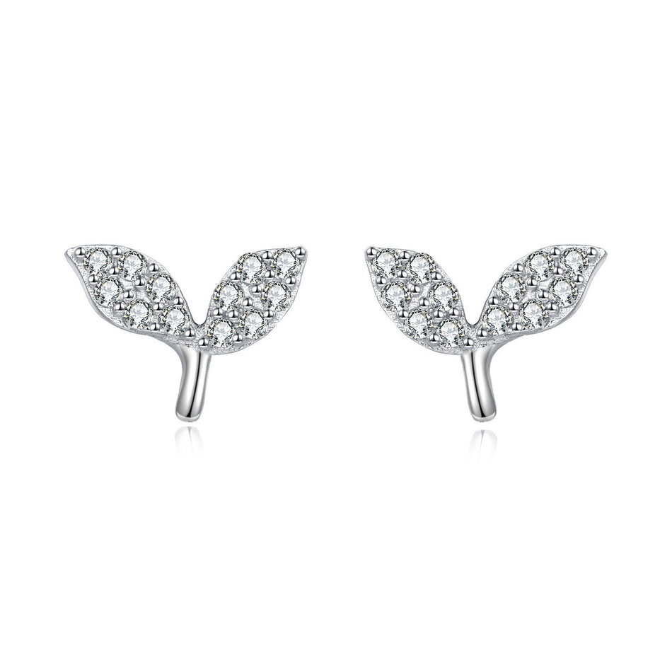 925 Sterling Silver Elegant Whale Tail Stud Earrings Silver Zircon-paved Delicate Jewelry